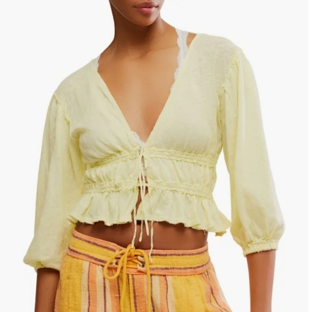 Free People Tie Front Linen Cotton Top Yellow Medium NEW